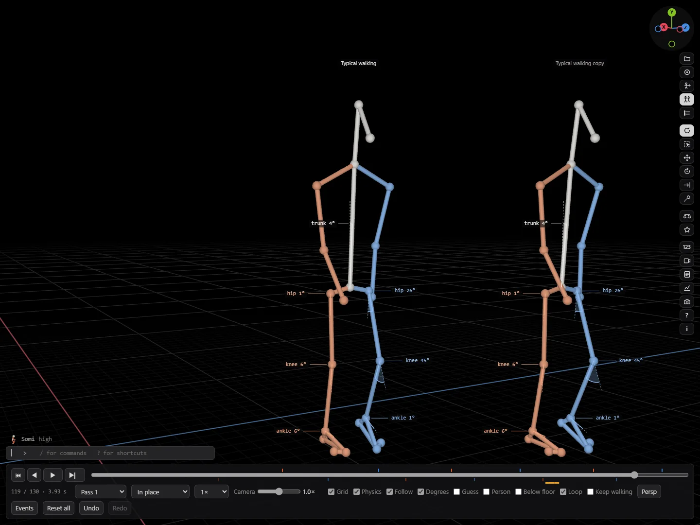 Two stick figures seen from the side, walking in step a little over a metre apart, each with its joint angles labelled. Both are labelled Typical walking.