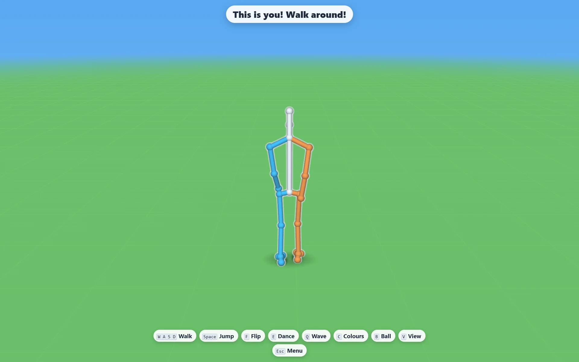 Kids' mode: a chunky stick figure in bright blue, orange and white stands on green grass under a blue sky. A greeting at the top reads: This is you! Walk around! A row of large buttons along the bottom names the keys for walk, jump, flip, dance, wave, colours, ball and view, and Esc for the menu.