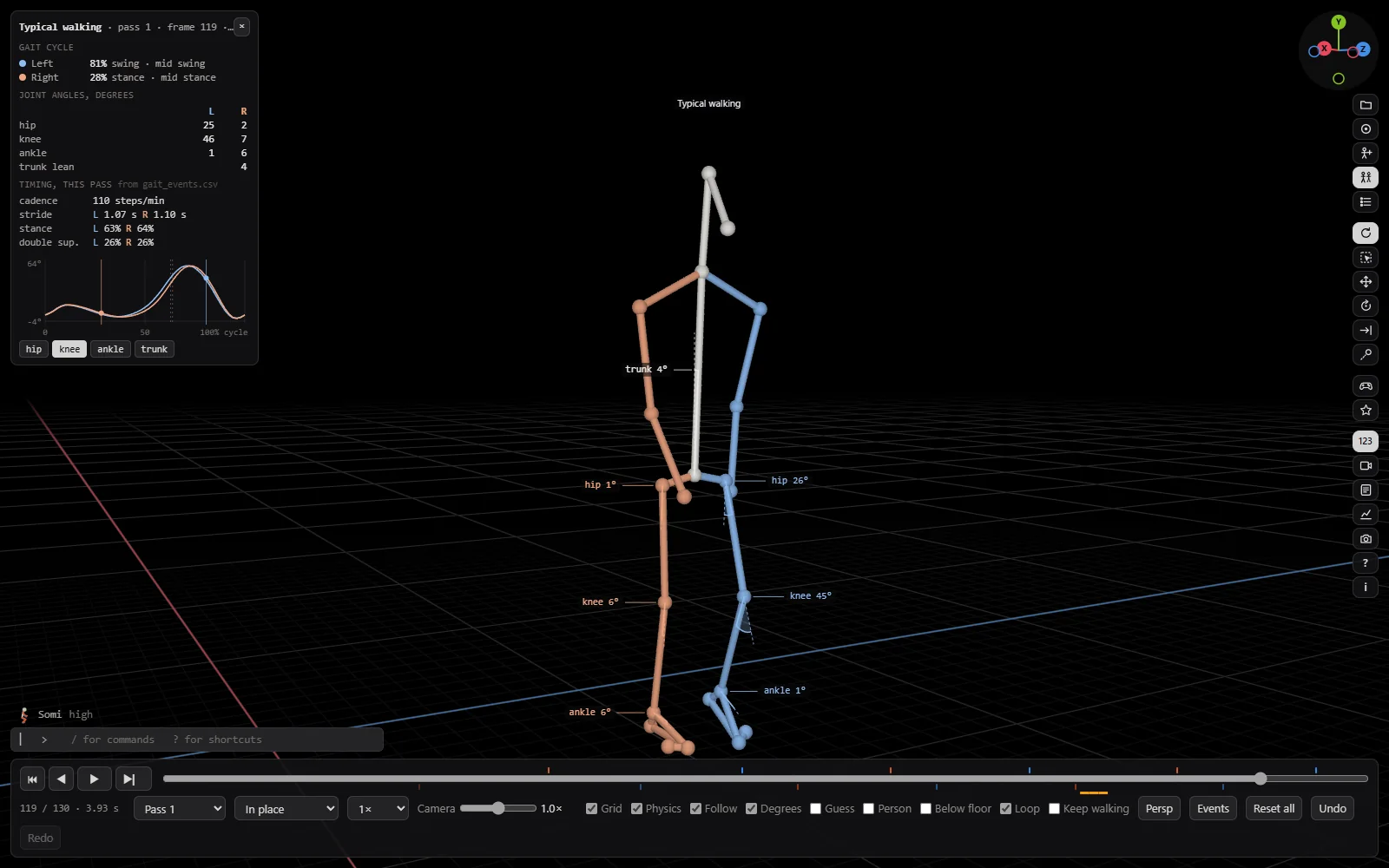 The numbers panel at the top left of the 3D view, beside the figure. It lists where each leg is in its gait cycle, the hip, knee and ankle angles for left and right, cadence, stride time, stance and double support, and a small chart of the knee angle over the gait cycle with the knee tab selected. The knee at 45 degrees in the table matches the label on the figure's knee.