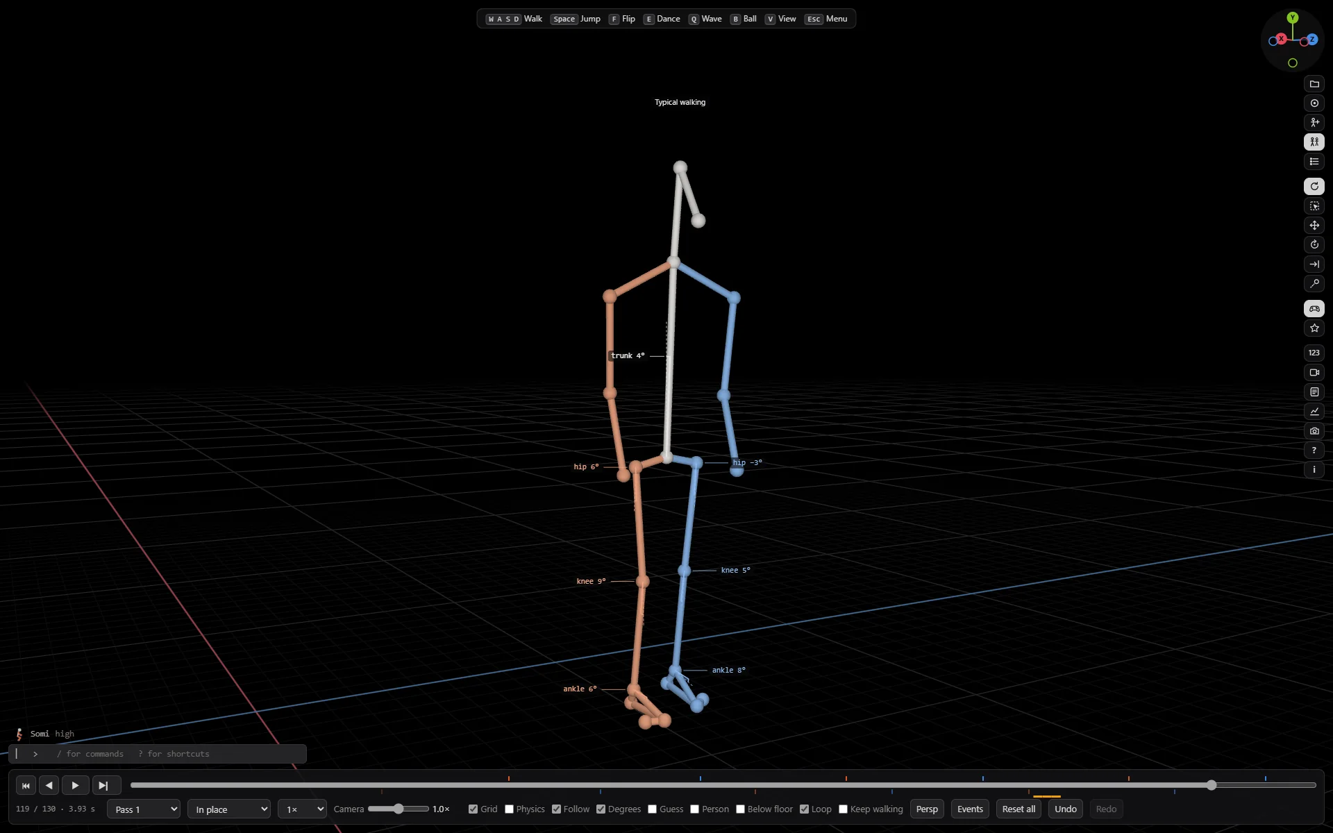 Play: the figure walks across the dark scene under the keyboard, with its joint angles still drawn. A bar along the top names the keys: W A S D to walk, Space to jump, F to flip, E to dance, Q to wave, B for a ball, V for the view, Esc for the menu.
