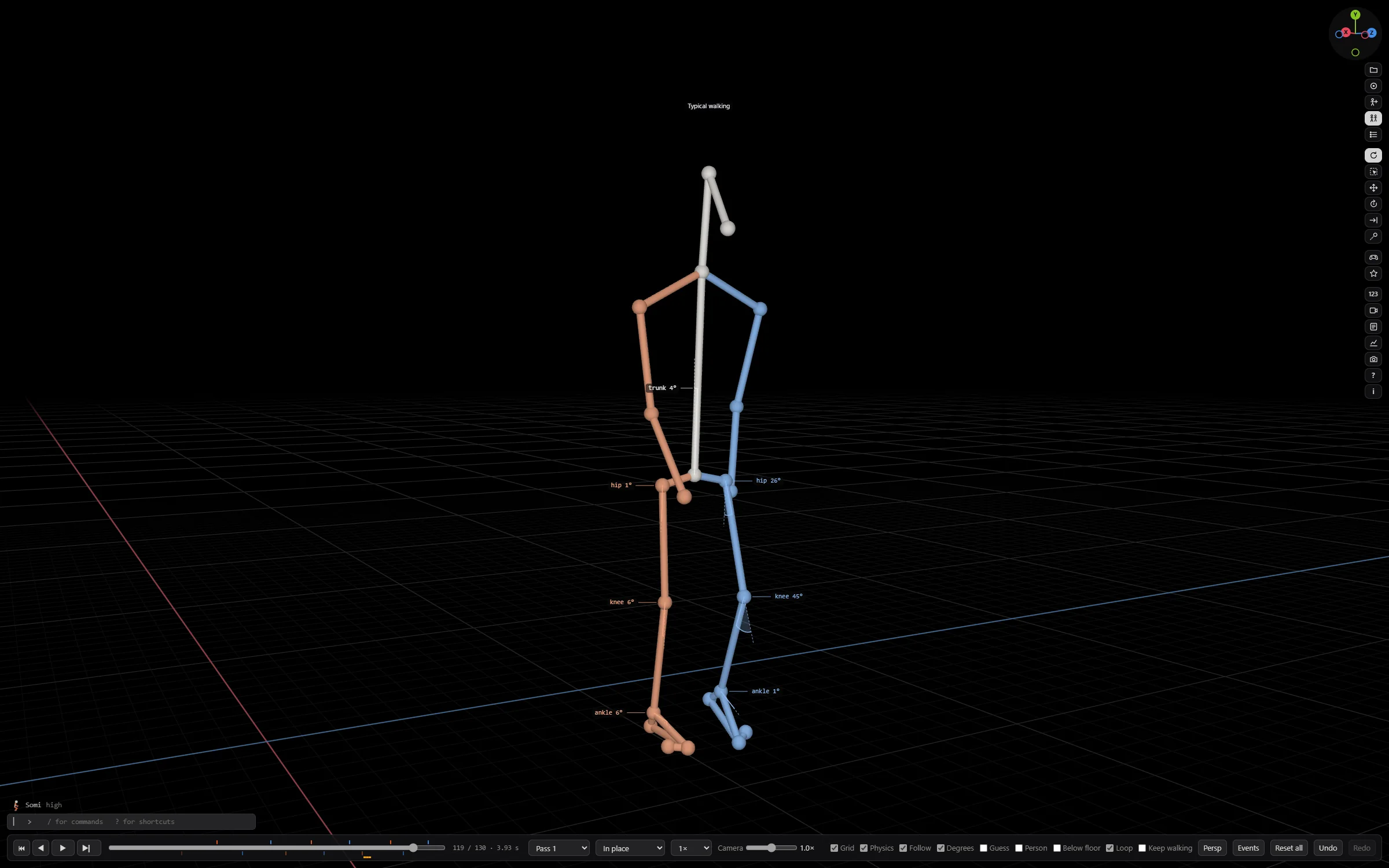 Walkfigure's 3D view: a stick figure labelled Typical walking, mid-stride on a black floor grid, its left limbs blue, its right limbs salmon and its trunk white. At each hip, knee and ankle the joint's angle is written beside it: knee 45 degrees, hip 26 degrees, ankle 1 degree. A column of grey tool buttons runs down the right-hand side, Somi's box sits at the bottom left, and a timeline with playback controls runs along the bottom.
